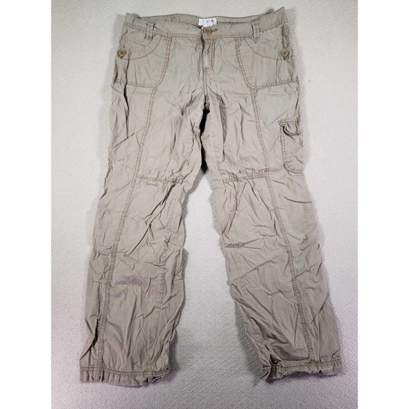 OP Ocean Pacific Pants Womens 17 Ankle Tie Cargo Beige Cotton Zipper Pockets - Picture 1 of 14